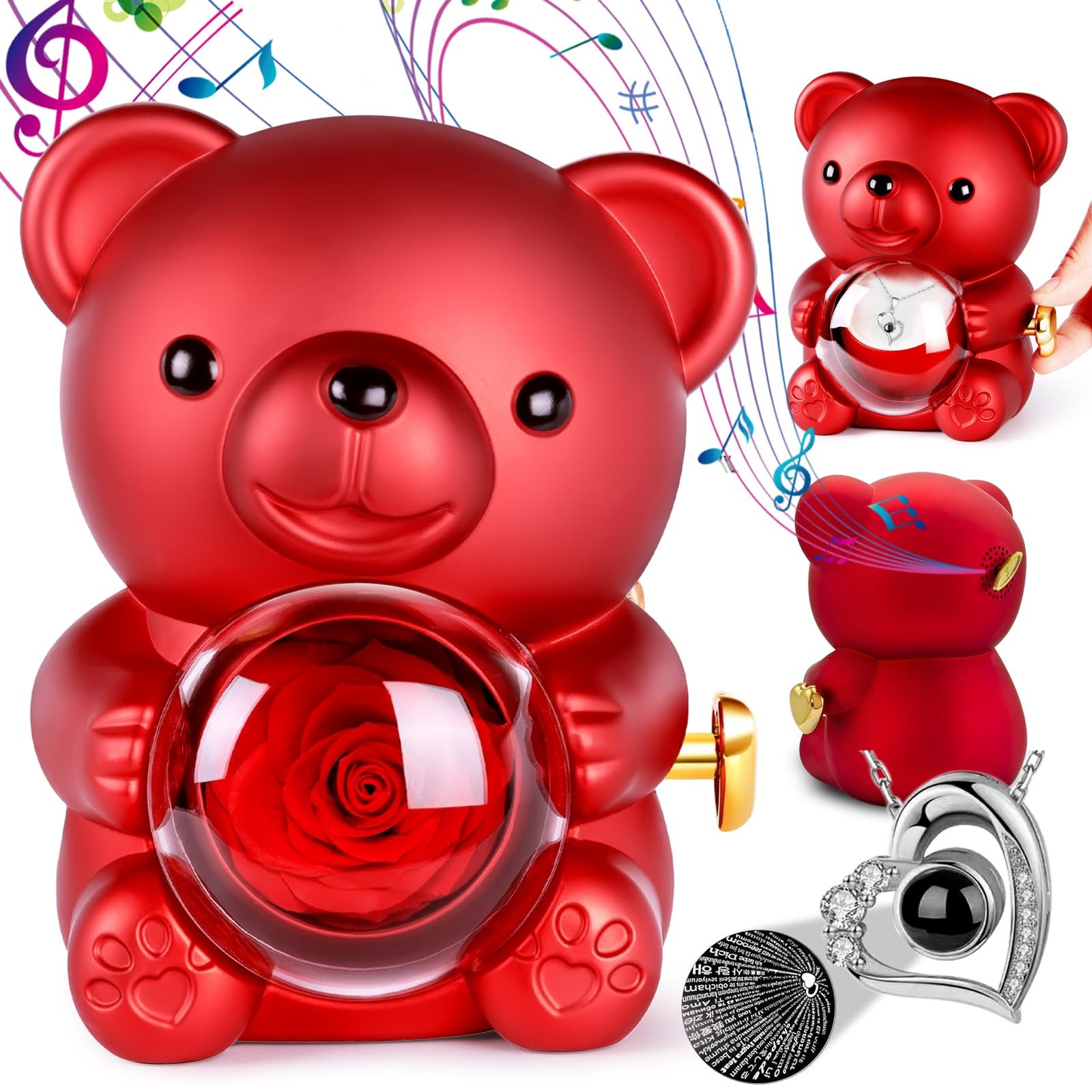 Ours en Rose Éternelle avec Collier en Argent pour la Saint-Valentin et Anniversaire