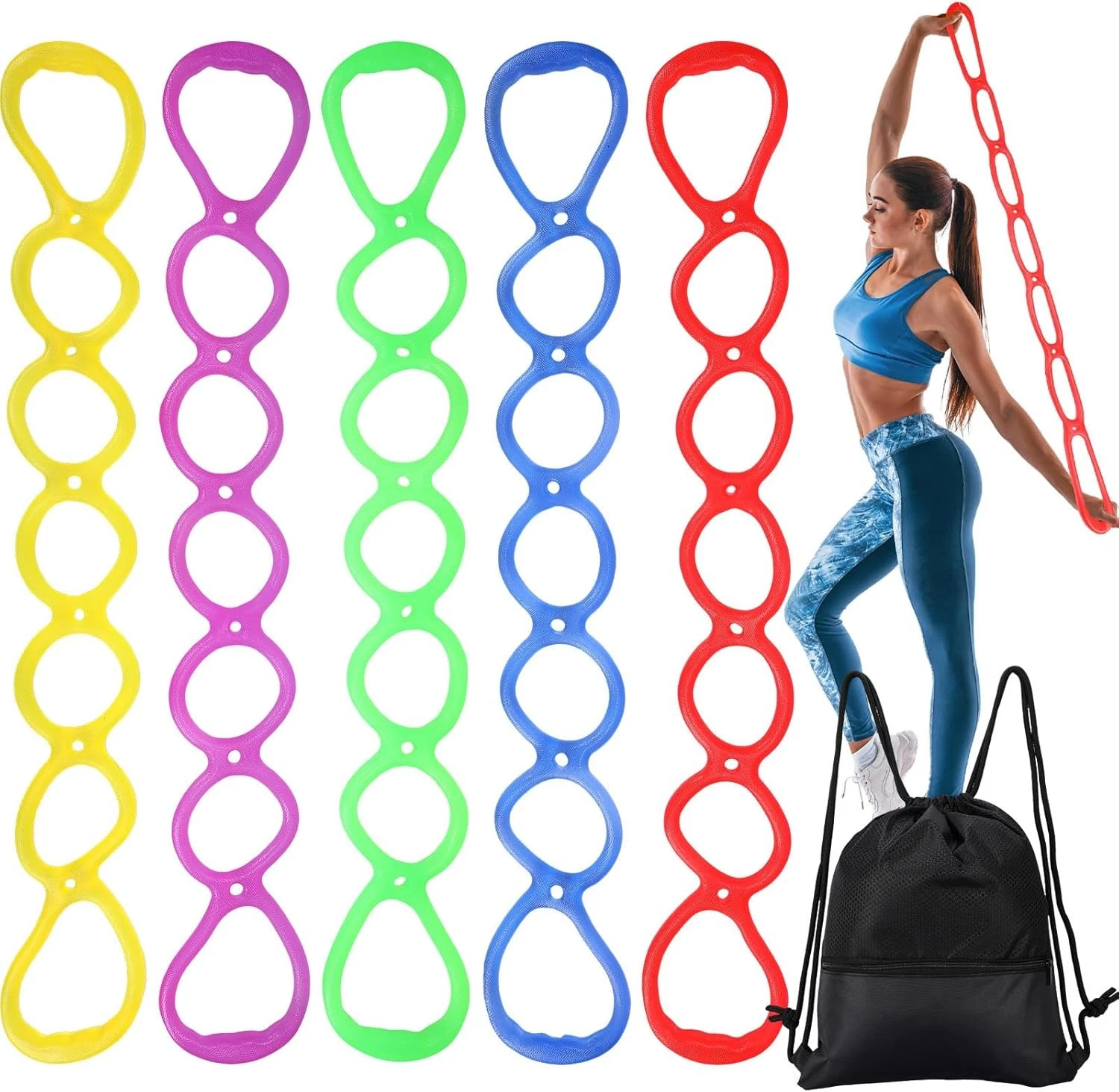5 Pcs 7 Ring Resistance Exercise Bands Resistance Stretch Band W/ Drawstring