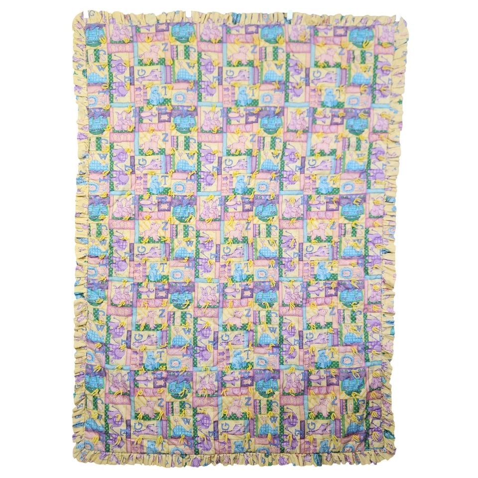 Manta bebé vintage hecha a mano retazos edredón con volantes amarillo ABC animales Foto 2 de 4