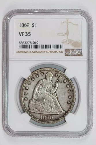 1869 SEATED LIBERTY DOLLAR NGC VF35