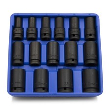 Genius Tools 15 Piece 1/2" Dr. Metric Semi-Deep Thin Wall Impact Socket Set (...