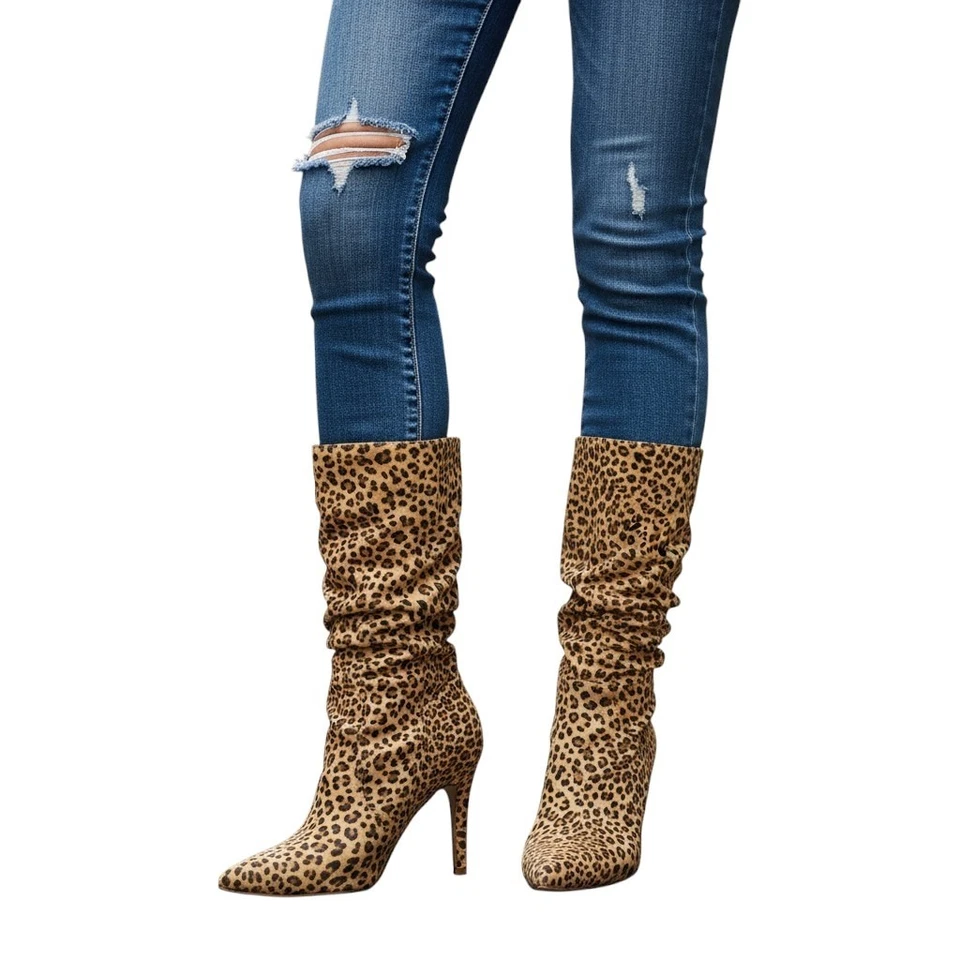 Journee Collection Markie Slouchy Botines Mujer 8 Leopardo Marrón Punta Stiletto Foto 2 de 4