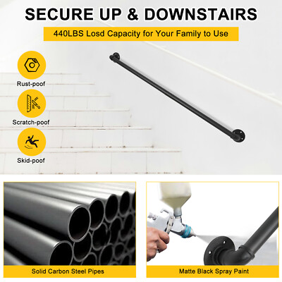 4 FT Iron Handrail for Steps Stair Railing Hand Rail Kit Black Outdoor Indoor