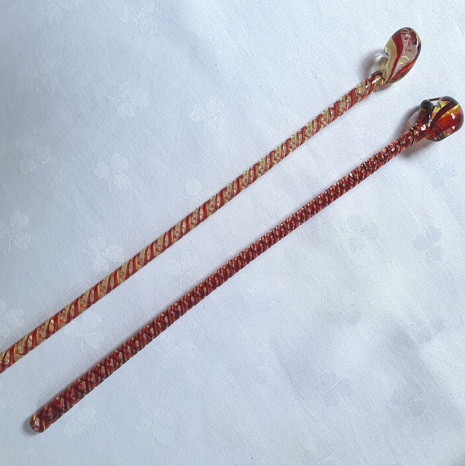 Pair barley twist glass candy cane swizzle sticks vintage 11.5" 29 cms