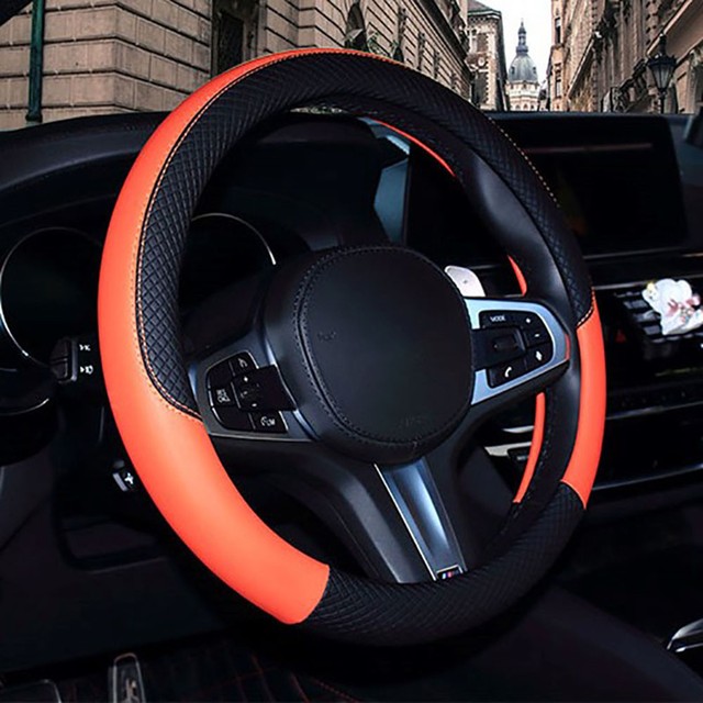 SUV Car Steering Wheel Cover AntiSlip Orange PU Leather Universal 15