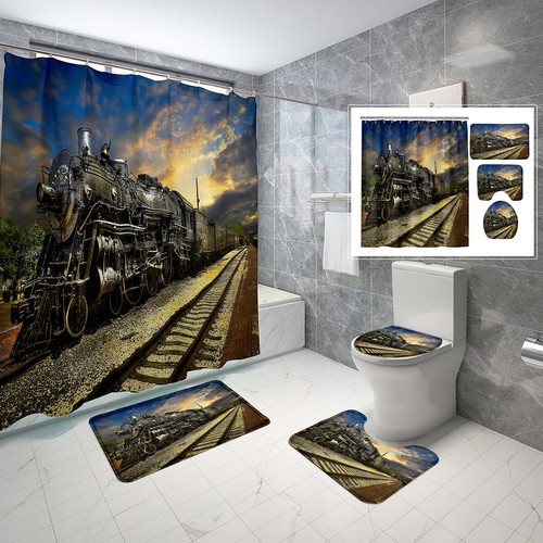 Sun Train Badezimmer Duschvorhang Antirutsch Vorleger Badematte Toilettendeckel Abdeckung 4tlg - Bild 18 von 40