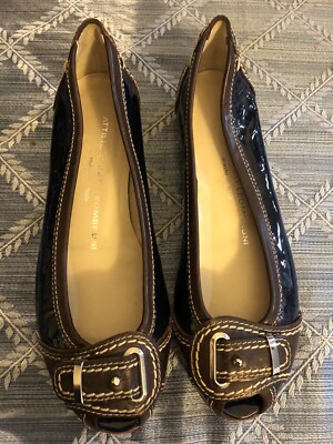 Attilio Giusti Leombruni Ballet Flat Patent Leather Black/Brown Peep Toe 34.5