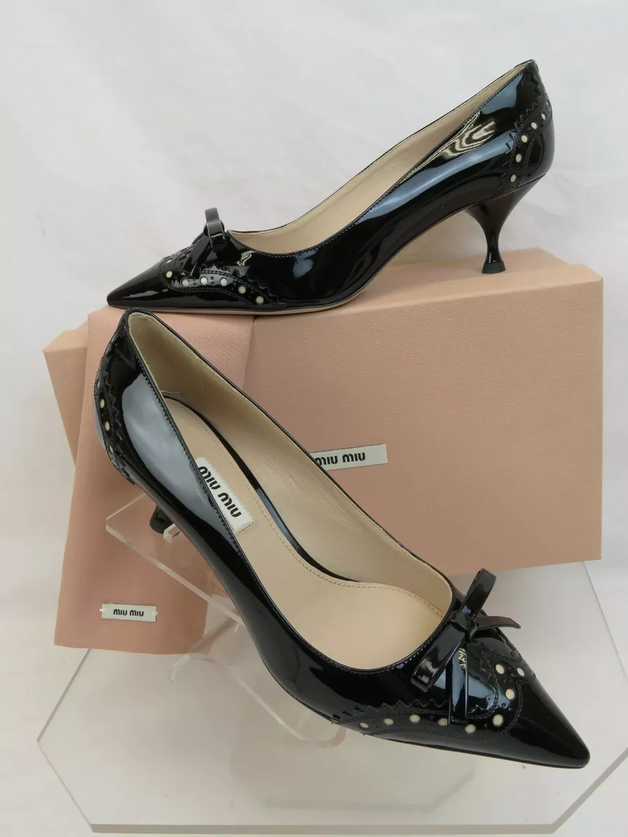 NIB MIU MIU PRADA 5I877C BLACK LASER CUT PATENT LEATHER BOW KITTEN HEEL  PUMPS 37