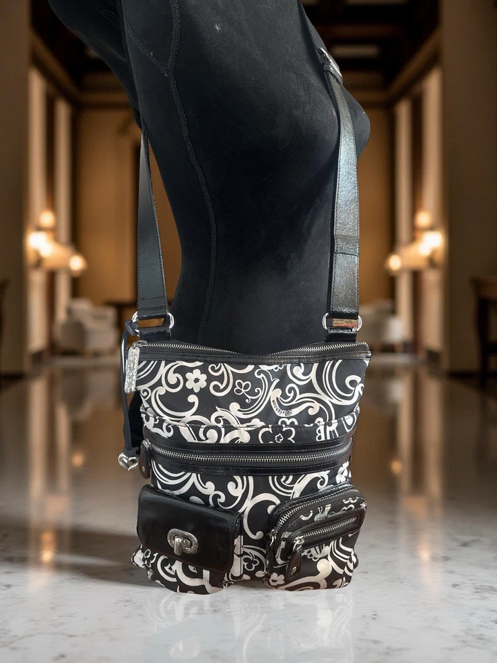 Brighton Black & White Nylon -Black Patent Leather Strap Bag Zipper Compartments - Image 2 of 4