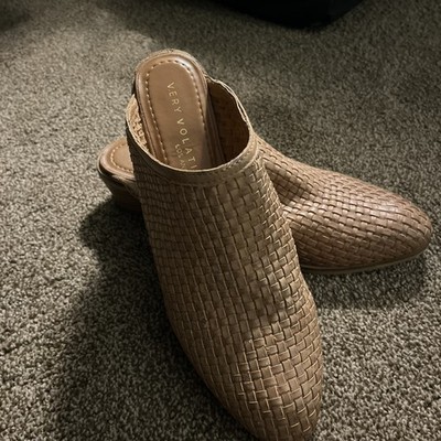 Very Volatile Tan Woven Leather Slides/Mules. Women s Size 10