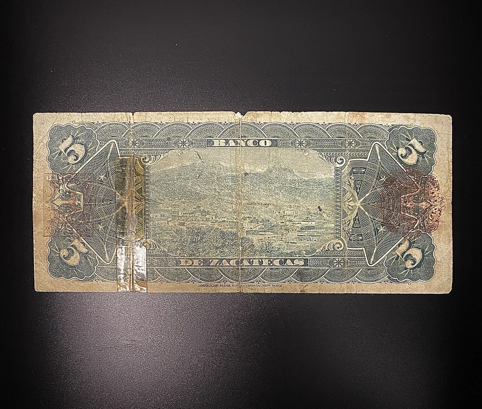 1909 Billete de 5 Pesos Mexico Banco de Zacatecas (1891-1914) Billete Circulado - Image 2 of 2
