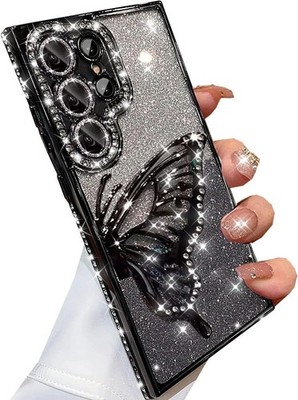 Samsung Galaxy S25 Ultra Glitter 3D Butterfly Case, Cute Luxury Bling Cover Blac