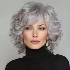 Human Hair New Fashion Layered Natural Silver Gray Wavy Women's Wigs 12in