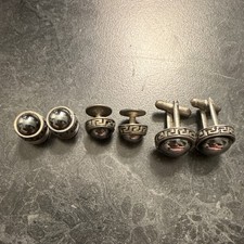 VTG Silver Tone Greek Key Round Cufflinks  Shirt Studs Set Bullet Back Men