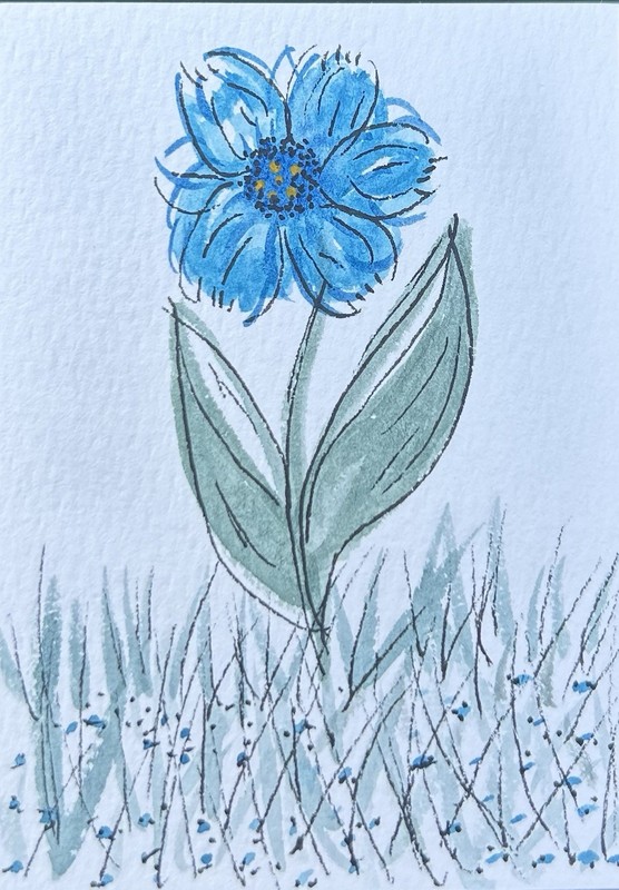 ACEO Big Blue Flower Watercolor Original Painting Art Card