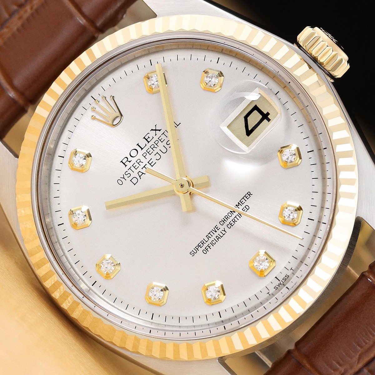 〇ROLEX DATEJUST FF 55 1601 YZ7421-1 ROLEX DATEJUST 1601 14K GOLD STEEL SILVER DIAMOND WATCH w/ BROWN