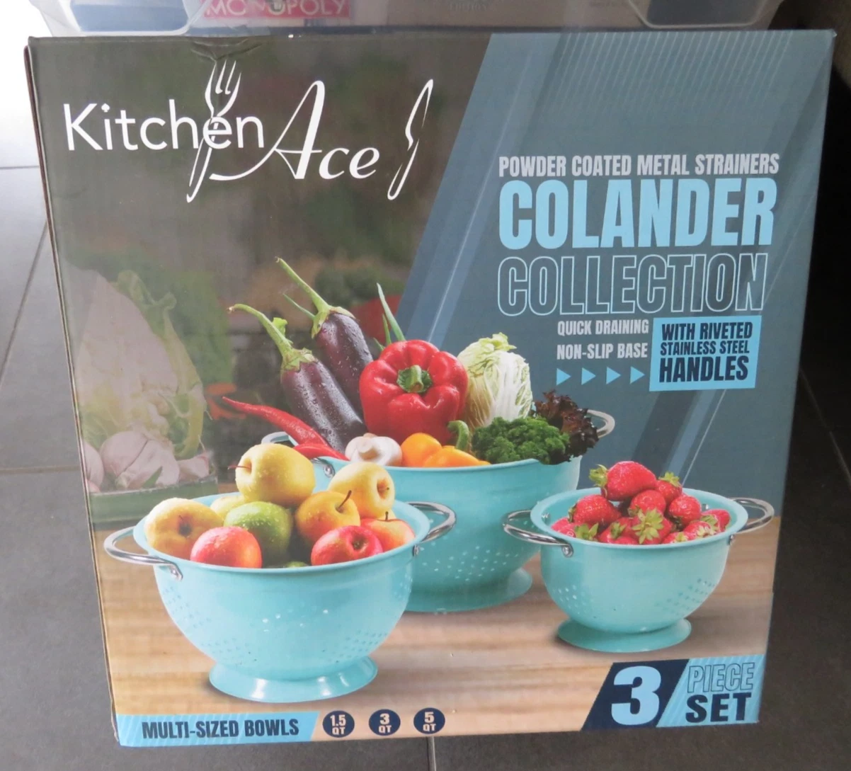 Kitchen Ace Colander Collection 3 pk Powder Coated Metal Turquoise New/Open Box
Opens in a new windo