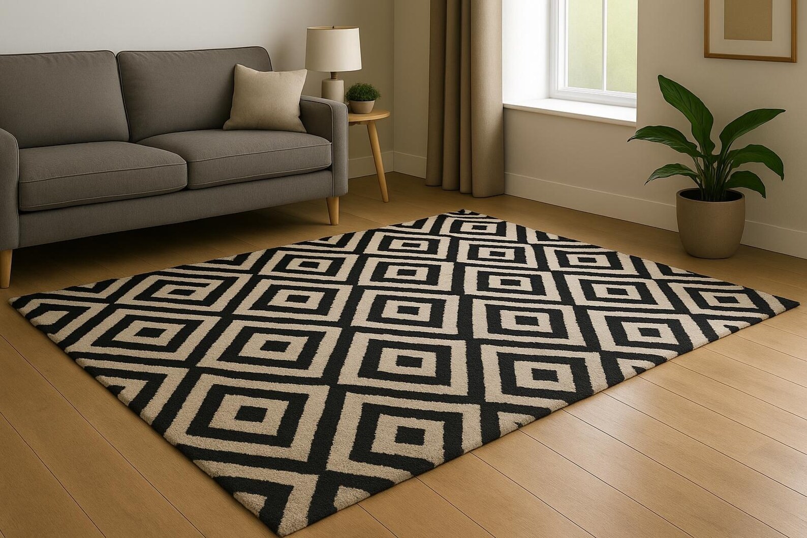 Geometric Black & White Area Rug | Modern Diamond Pattern Carpet for Living Room