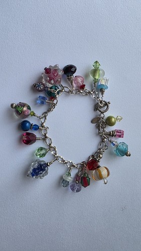 Multicolor Art Murano Glass Lampwork Charm Sterling Silver 925 Toggle Bracelet