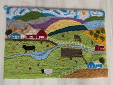 Vtg Latch Hook Rug Wall Art Hanging Country Barn Farm Animals Vibrant 32" x 22"
