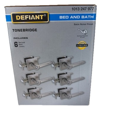6 Defiant Tonebridge Satin Nickel Bed and Bath Door Lever Locking Privacy 6 Pack