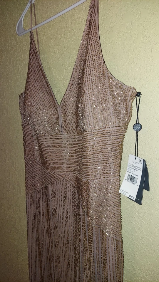 Adrianna Papell Beaded Rose Gold Spaghetti Strap Gown Size 12 - Image 3 of 4