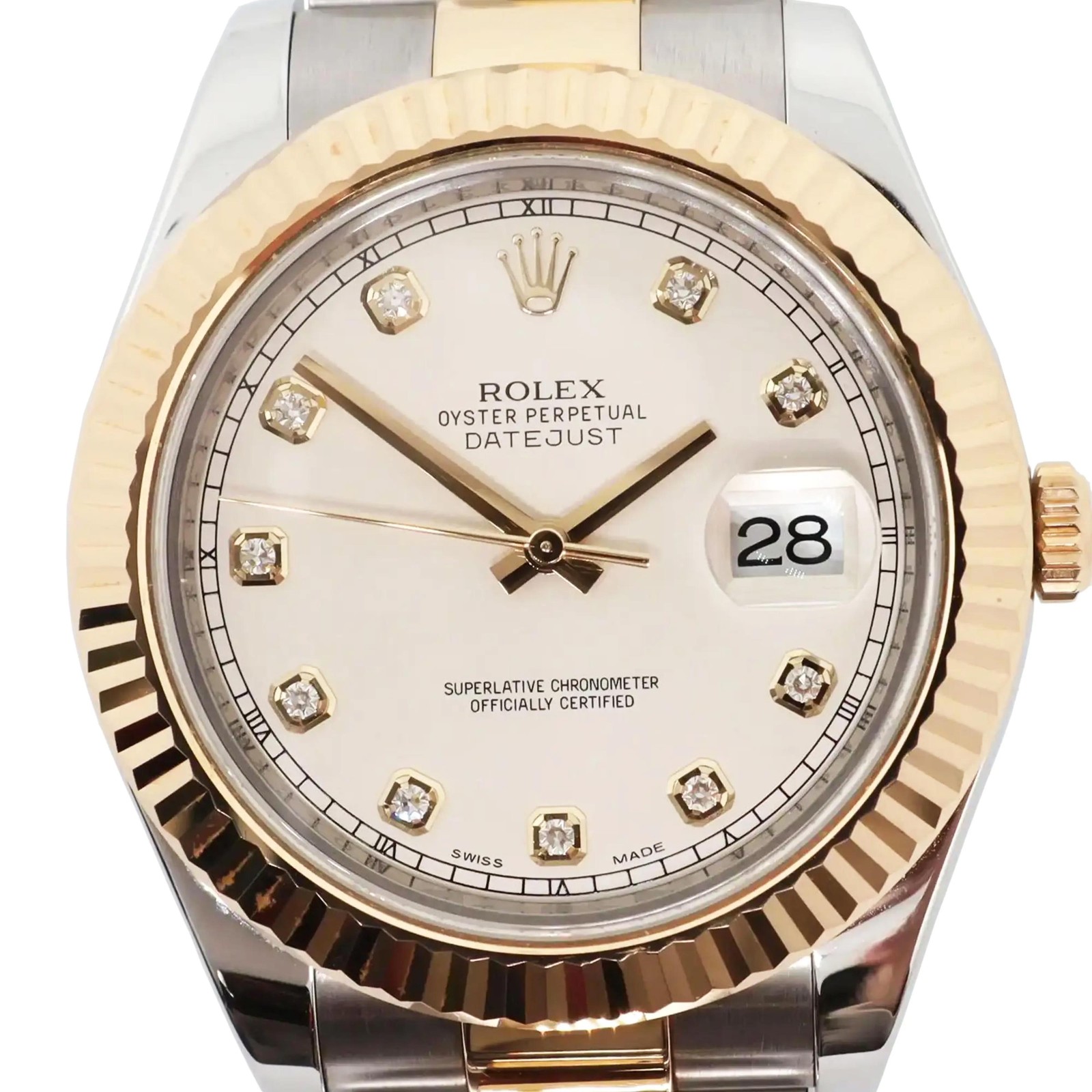 2010s Mint Rolex 116333 Datejust II 18K Yellow Gold Steel Cream Diamond Watch