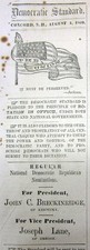 Rare 1860 pro-slavery Northern newspaper w JOHN BRECKINRIDGE for US PRESIDENT AD
