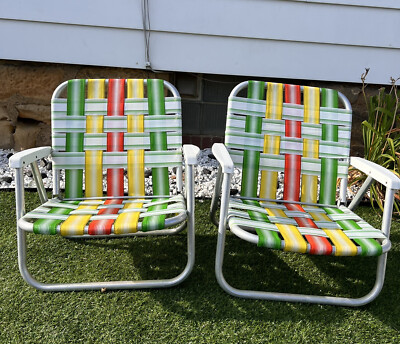 Pair of Vintage Folding Lawn Chairs Webbed Low Aluminum Multi