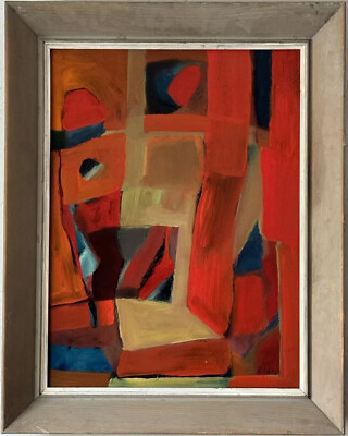PATRICK RYAN VINTAGE MODERN ABSTRACT CUBIST HARD EDGE OIL PAINTING OLD 1950s