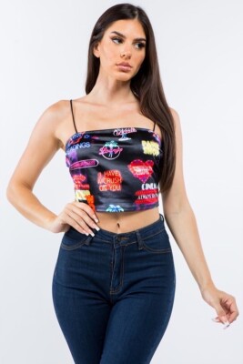 Vegas Light Neon Sign Influencer Printed Satin Sleeveless Crop Top Size Medium