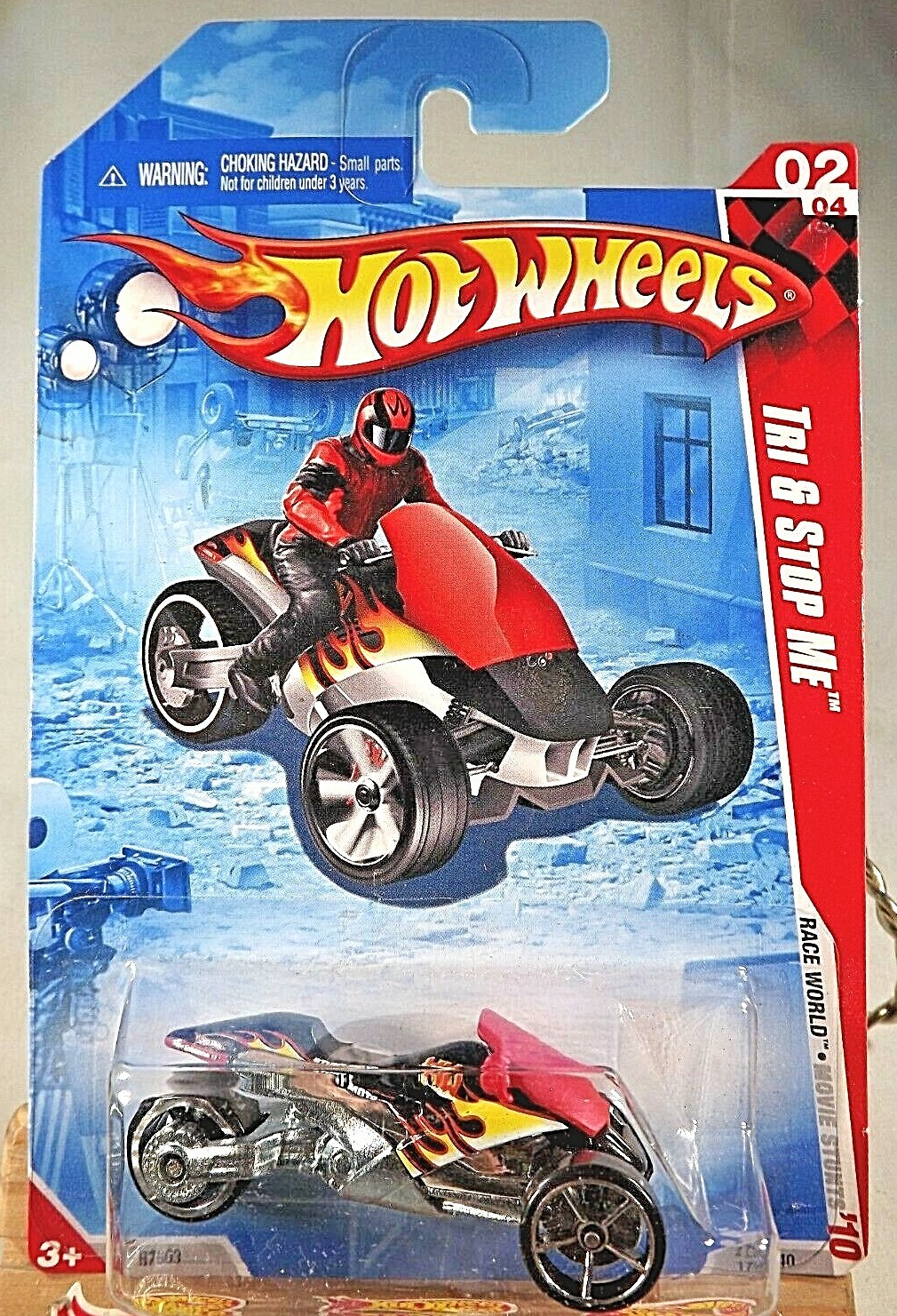 2010 Hot Wheels #174 Race World-Movie Stunts 2/4 TRI & STOP ME Black w/OH5 Spoke