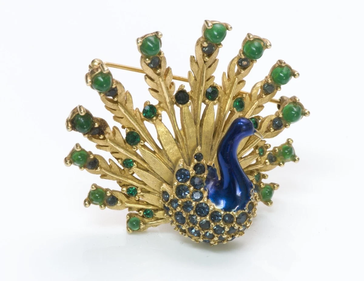 Marcel Boucher Gold Plated Blue Enamel Green Crystal Peacock Brooch