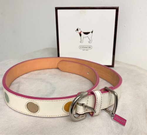 NEW COACH WHITE PINK LEATHER MULTI COLORED POLKA DOTS DOG PET COLLAR XL 2333