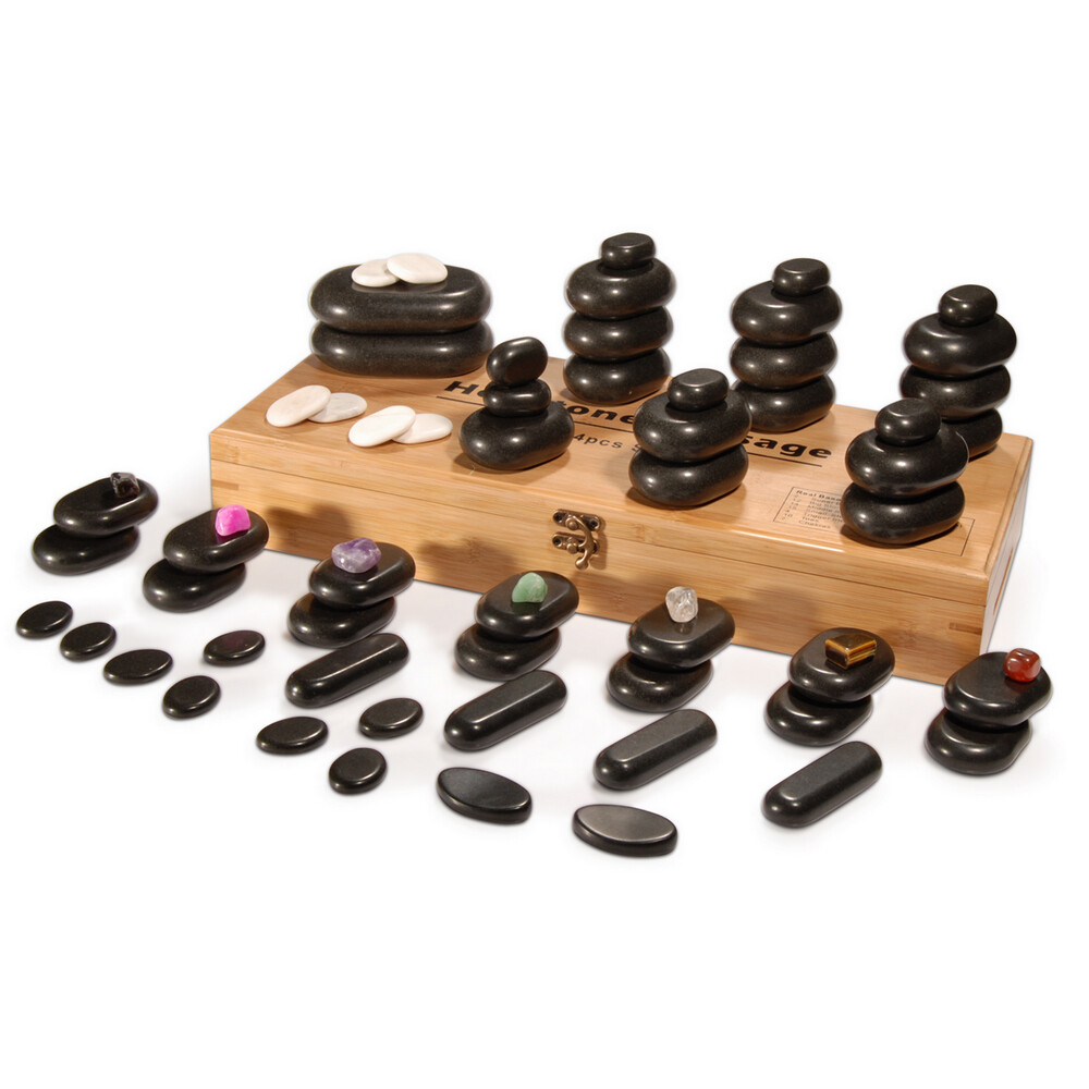 Hot Stone Steine Set 64 Stück aus Basalt Spa Massagesteine Wärmesteine mit Box