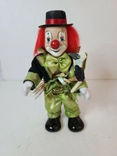 Vintage Ceramic Red Nose Clown Figurine In Green Outfit Standing 8 inch Tall   