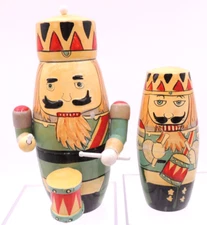 Set: 2 Russian Wooden Nesting Doll Christmas Nutcracker Soldier Drummer Painted
