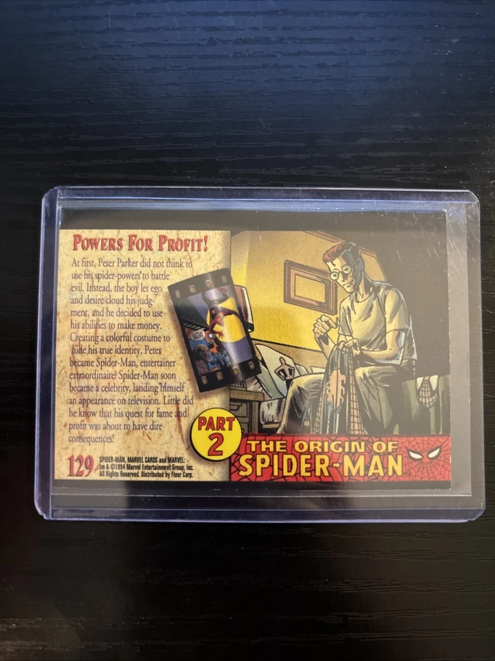¡El origen de Spider-Man poderes con fines de lucro! Tarjeta coleccionable Marvel Cards 1994 #129 Foto 2 de 2