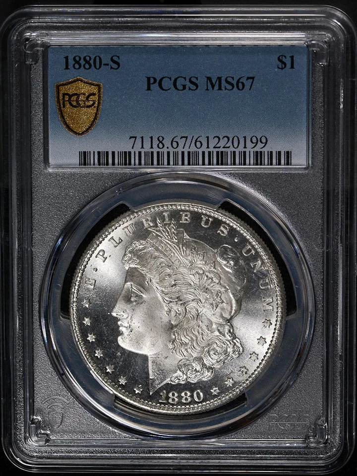 1880 年 S 版摩根银元 PCGS 评级 MS67 闪亮白色宝石 强力打击 — 第 3/4 张图片