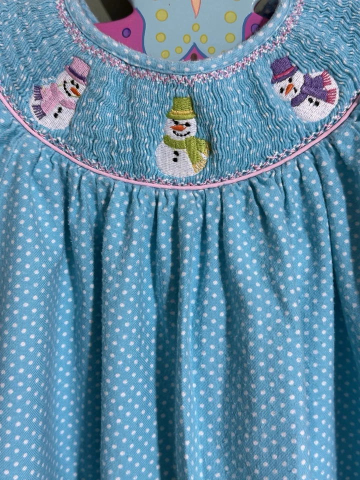 Vestido Niña Talla 6X Muñecos de Nieve Cuello Obispo Mangas Largas Franela Foto 2 de 4