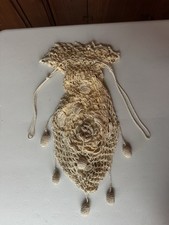 Antique Vintage Ivory Beige Silk Crochet Drawstring Purse Bag with Tassels 17  