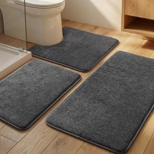3 PCS Dark Grey Bathroom Rug Set Memory Foam NonSlip Quick Dry Absorbent Mat