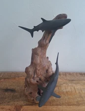 Vintage John Perry 2 Grey-Black Sharks on Burl Wood Art Sculpture AS IS
