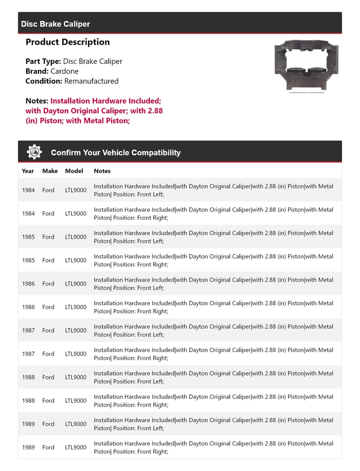 For 1984-1989 Ford LTL9000 Disc Brake Caliper Cardone 1985 1986 1987 1988 - Image 2 of 4