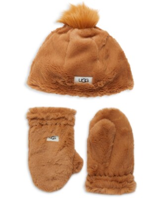 New UGG Kids Faux Fur Mittens Faux Fur Pom Pom Beanie Hat 4-6