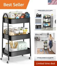 3-Tier Metal Rolling Cart with Lockable Wheels - Versatile Storage for Any Space