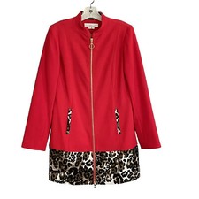 Kelly And Diane Womens Size 6 Jacket Red W Animal Print Hem Long Line 2 Way Zip