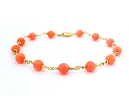 Coral Bead Bracelet 14k Yellow Gold Diamond Cut Links & Clasp 5.6mm