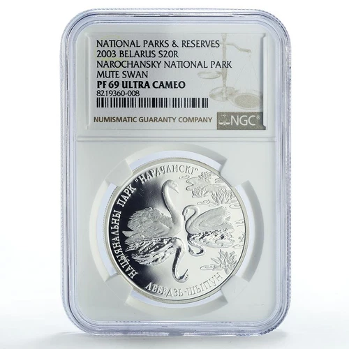 Belarus 20 roubles Narochansky Park Swan Bird Fauna PF69 NGC silver coin 2003