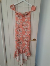 PLT coral peach orange floral frill hem Bardot midi dress Cruise party dress